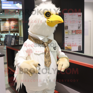 Cream Chicken mascot costume character dressed with a Poplin Shirt and Necklaces