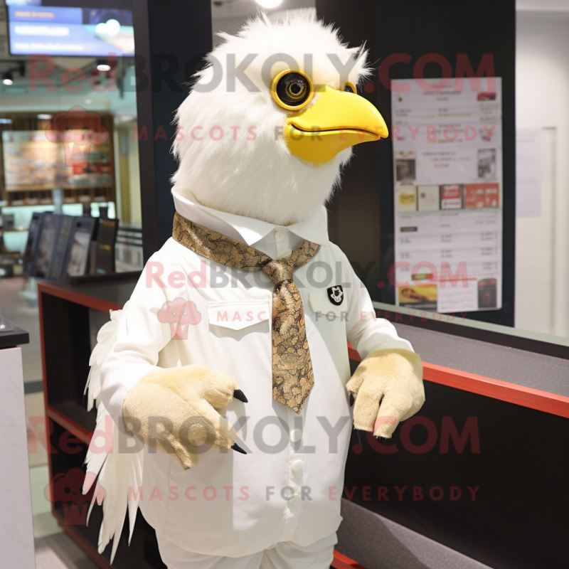 Cream Chicken mascot costume character dressed with a Poplin Shirt and Necklaces Cream Chicken mascot costume character dressed with a Poplin Shirt and Necklaces