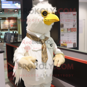 Cream Chicken mascot costume character dressed with a Poplin Shirt and Necklaces