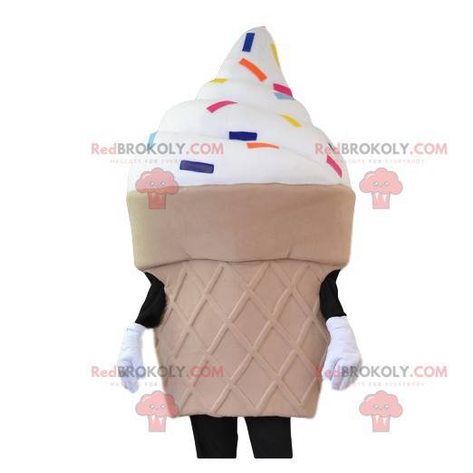Mascotte de cornet de crème glacée et ses pépites multicolores