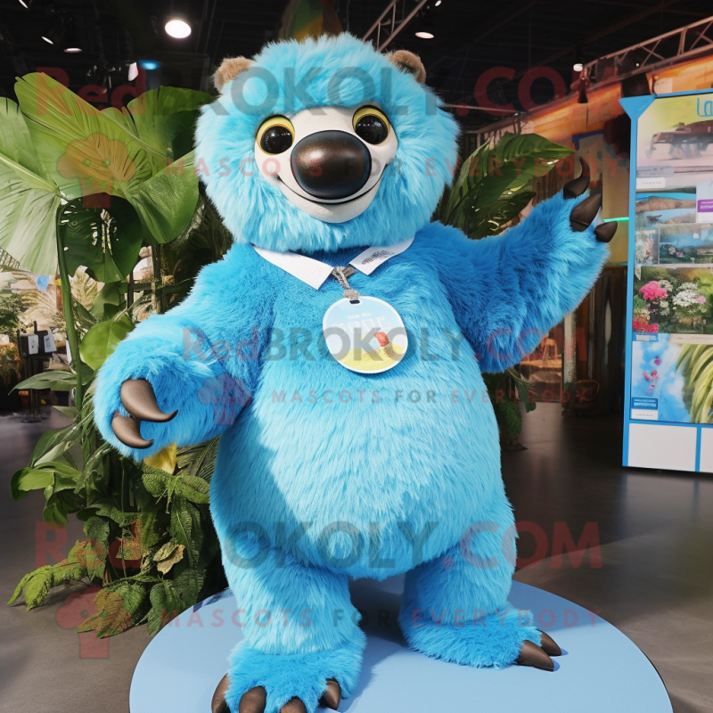 Sky Blue Giant Sloth mascot costume character dressed with a Blouse and Keychains