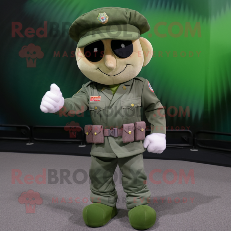 Peach Green Beret mascot costume character dressed with a Blouse and Gloves Peach Green Beret mascot costume character dressed with a Blouse and Gloves