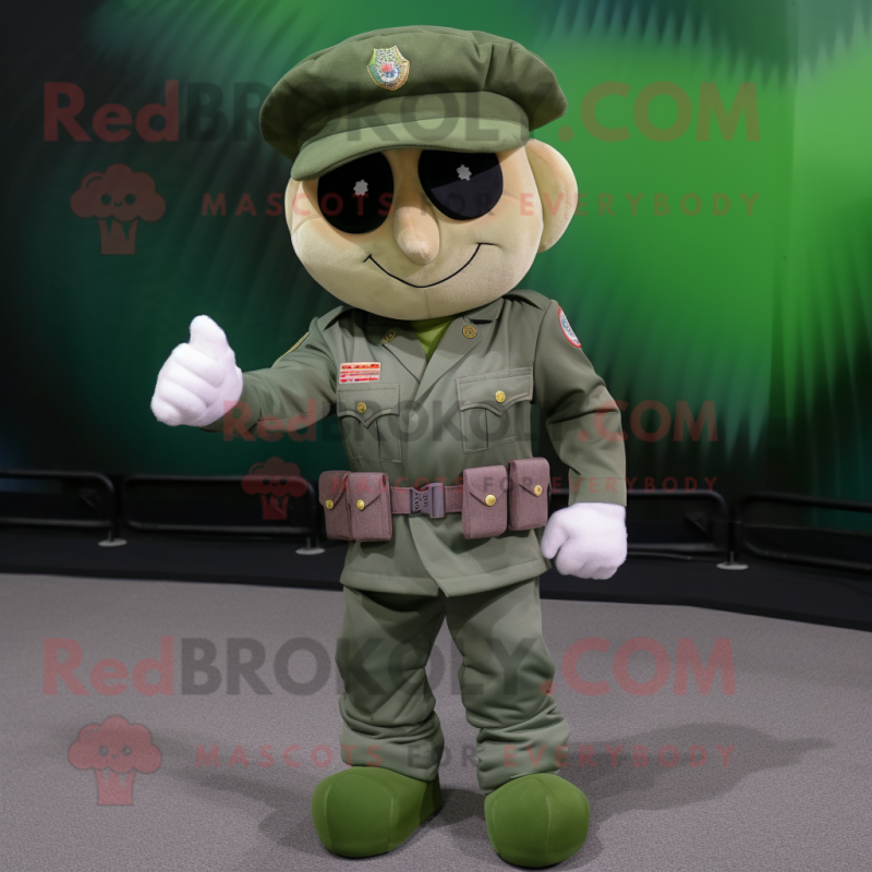 Peach Green Beret mascot costume character dressed with a Blouse and Gloves