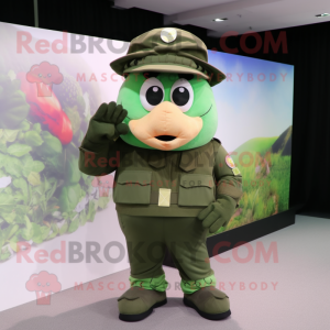 Peach Green Beret mascot costume character dressed with a Blouse and Gloves