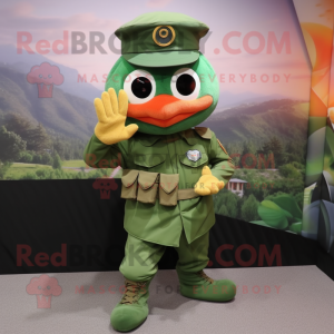 Peach Green Beret mascot costume character dressed with a Blouse and Gloves
