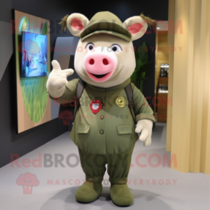 Olive Pig mascot costume character dressed with a Chinos and Headbands