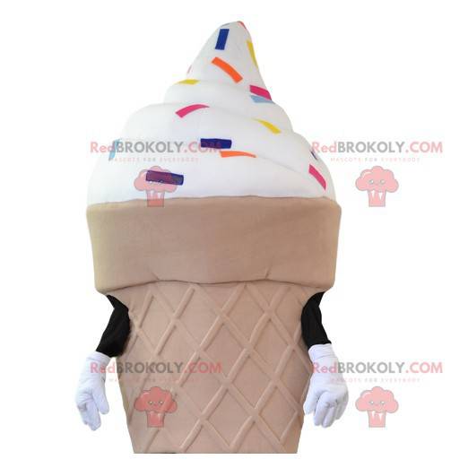 Mascotte de cornet de crème glacée et ses pépites multicolores
