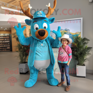 Turquoise Elk mascot costume character dressed with a Mom Jeans and Hats