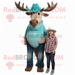 Turquoise Elk mascot costume character dressed with a Mom Jeans and Hats