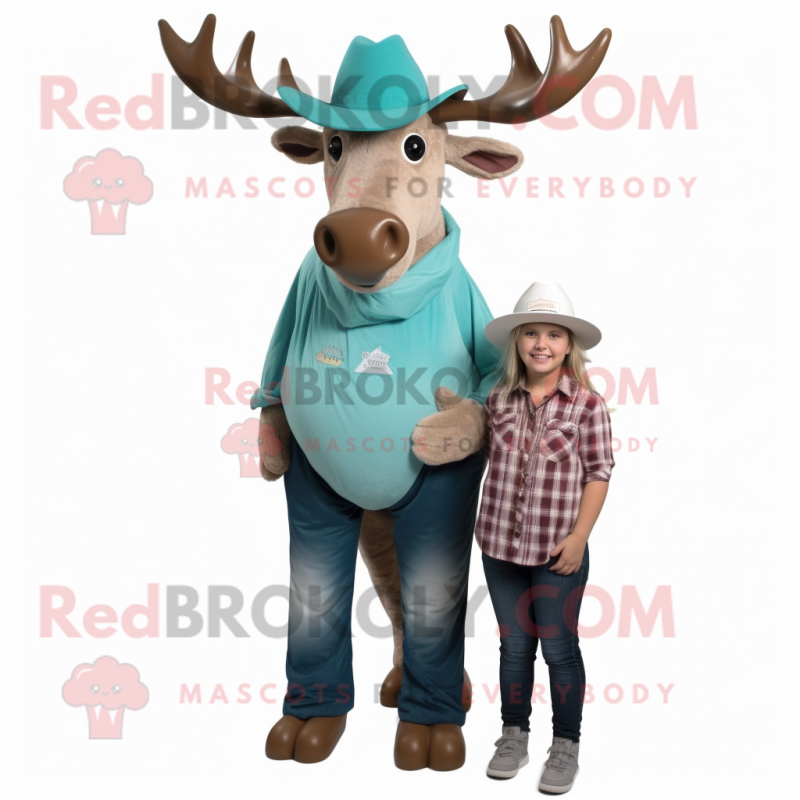 Turquoise Elk mascot costume character dressed with a Mom Jeans and Hats Turquoise Elk mascot costume character dressed with a Mom Jeans and Hats