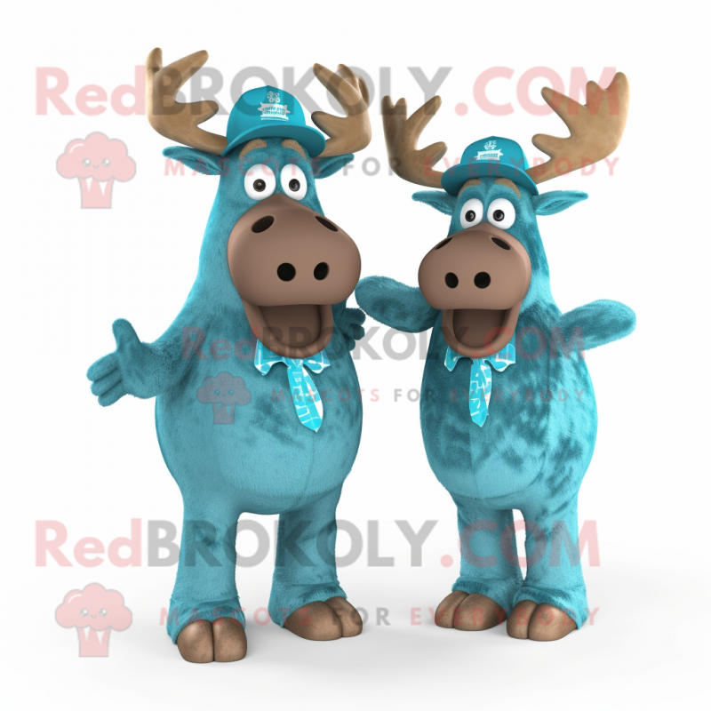 Turquoise Elk mascot costume character dressed with a Mom Jeans and Hats Turquoise Elk mascot costume character dressed with a Mom Jeans and Hats