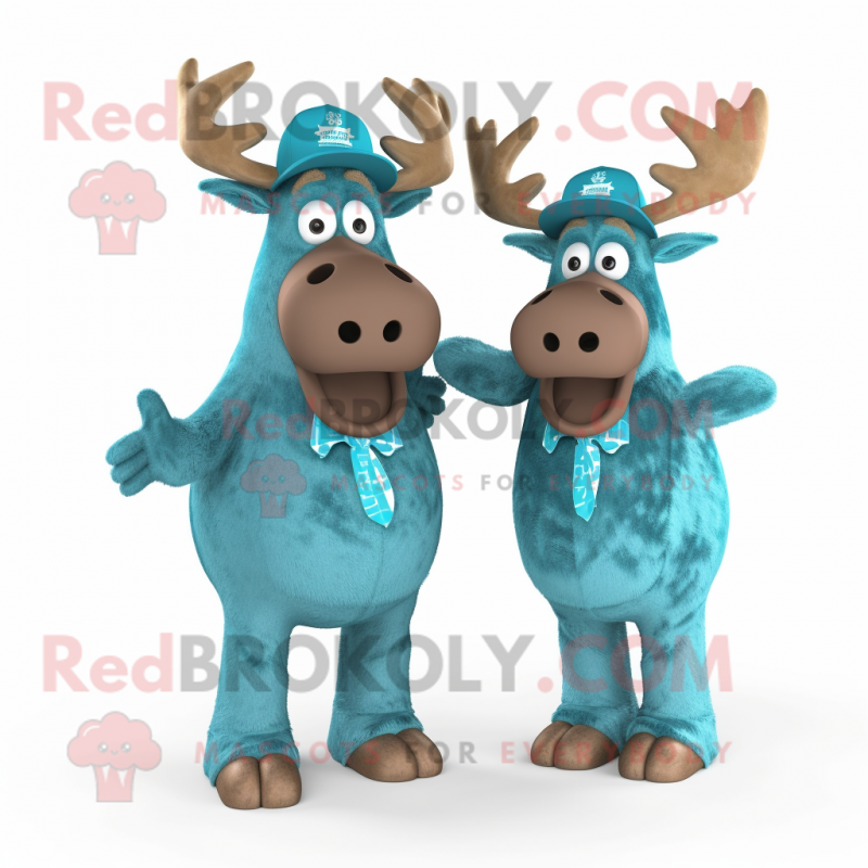 Turquoise Elk mascot costume character dressed with a Mom Jeans and Hats