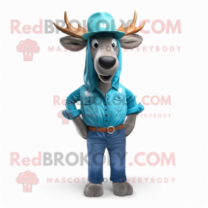 Turquoise Elk mascot costume character dressed with a Mom Jeans and Hats