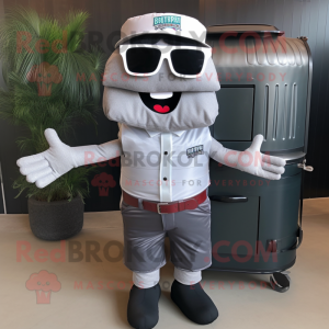 Silver Bbq Ribs mascot costume character dressed with a Cargo Shorts and Eyeglasses