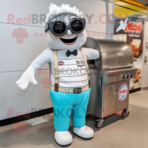 Silver Bbq Ribs mascot costume character dressed with a Cargo Shorts and Eyeglasses