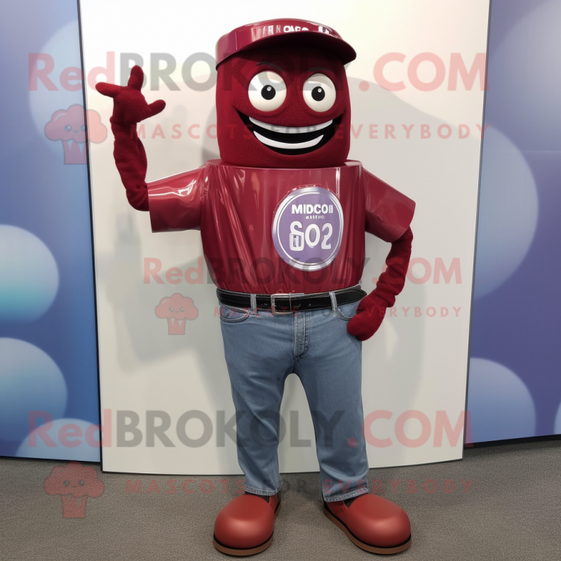 Maroon Soda Can mascot costume character dressed with a Jeans and Bracelet watches