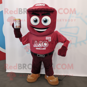Maroon Soda Can mascot costume character dressed with a Jeans and Bracelet watches