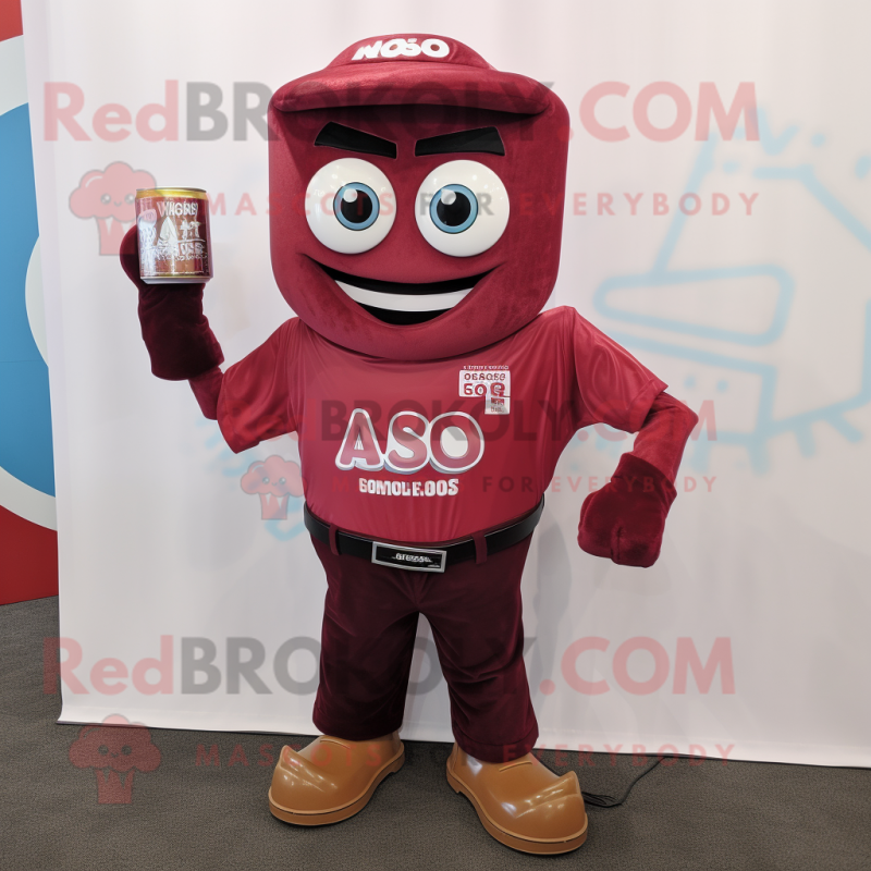 Maroon Soda Can mascot costume character dressed with a Jeans and Bracelet watches Maroon Soda Can mascot costume character dressed with a Jeans and Bracelet watches