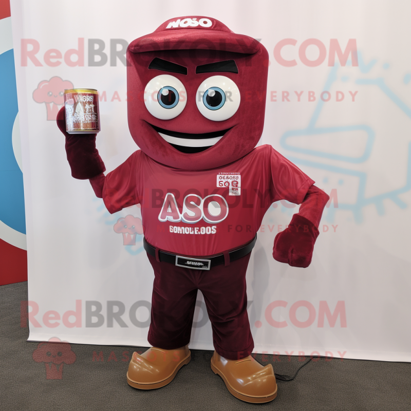 Maroon Soda Can mascot costume character dressed with a Jeans and Bracelet watches