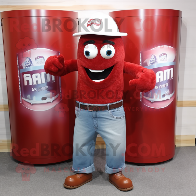 Maroon Soda Can mascot costume character dressed with a Jeans and Bracelet watches