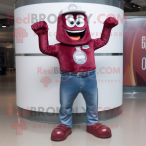 Maroon Soda Can mascot costume character dressed with a Jeans and Bracelet watches