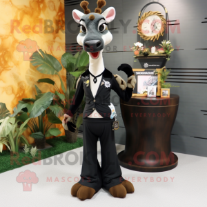 Black Giraffe mascot costume character dressed with a Skirt and Lapel pins