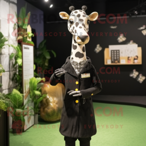 Black Giraffe mascot costume character dressed with a Skirt and Lapel pins