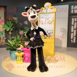 Black Giraffe mascot costume character dressed with a Skirt and Lapel pins