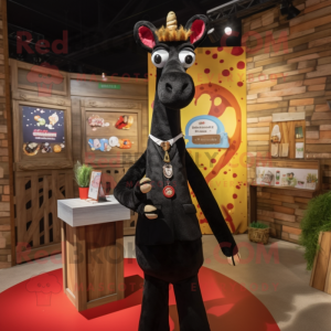 Black Giraffe mascot costume character dressed with a Skirt and Lapel pins