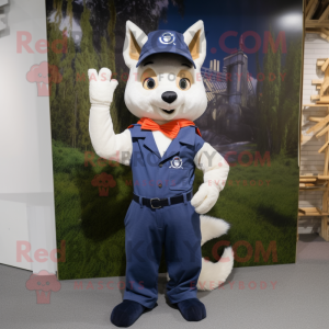 Navy Fox mascot costume character dressed with a Dungarees and Suspenders