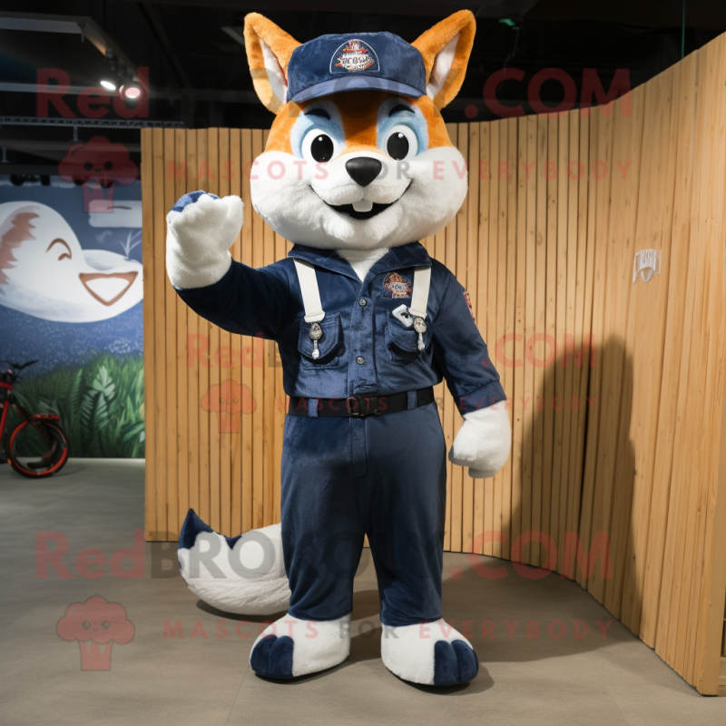 Navy Fox mascot costume character dressed with a Dungarees and Suspenders