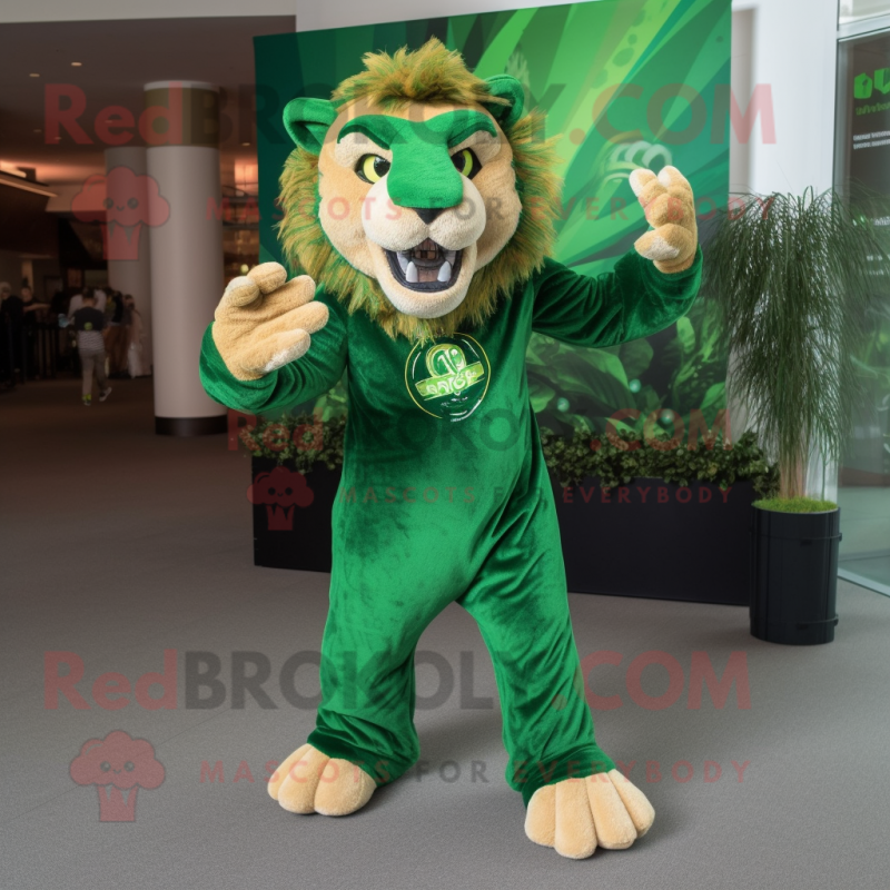 Forest Green Smilodon mascot costume character dressed with a Trousers and Gloves Forest Green Smilodon mascot costume character dressed with a Trousers and Gloves