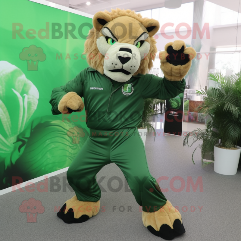 Forest Green Smilodon mascot costume character dressed with a Trousers and Gloves