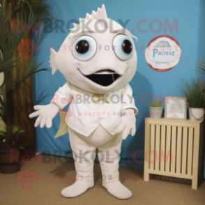 White Piranha mascot costume character dressed with a Playsuit and Tie pins