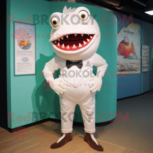 White Piranha mascot costume character dressed with a Playsuit and Tie pins