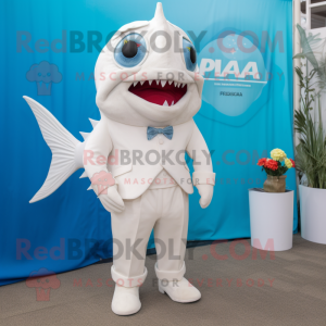 White Piranha mascot costume character dressed with a Playsuit and Tie pins