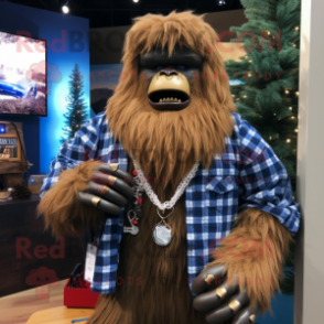 Navy Sasquatch mascot costume character dressed with a Flannel Shirt and Necklaces