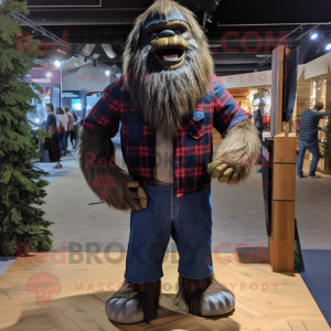 Navy Sasquatch mascot costume character dressed with a Flannel Shirt and Necklaces