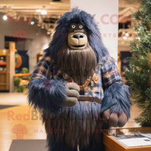 Navy Sasquatch mascot costume character dressed with a Flannel Shirt and Necklaces
