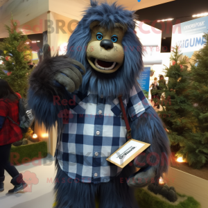 Navy Sasquatch mascot costume character dressed with a Flannel Shirt and Necklaces