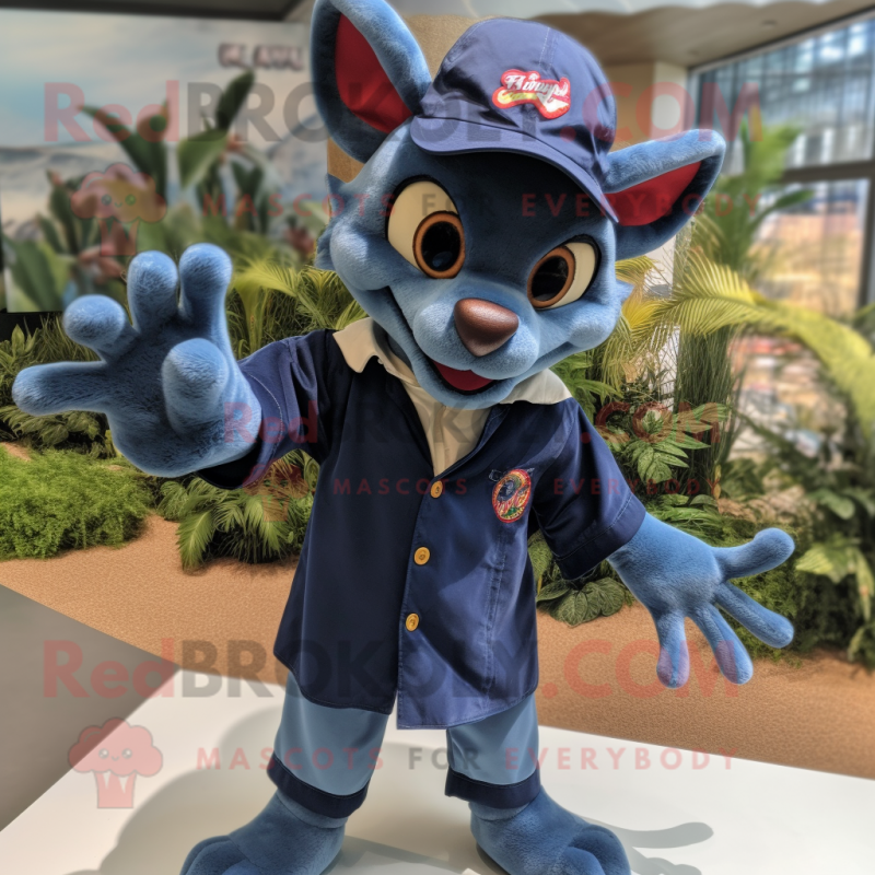 Navy Chupacabra mascot costume character dressed with a Chambray Shirt and Anklets