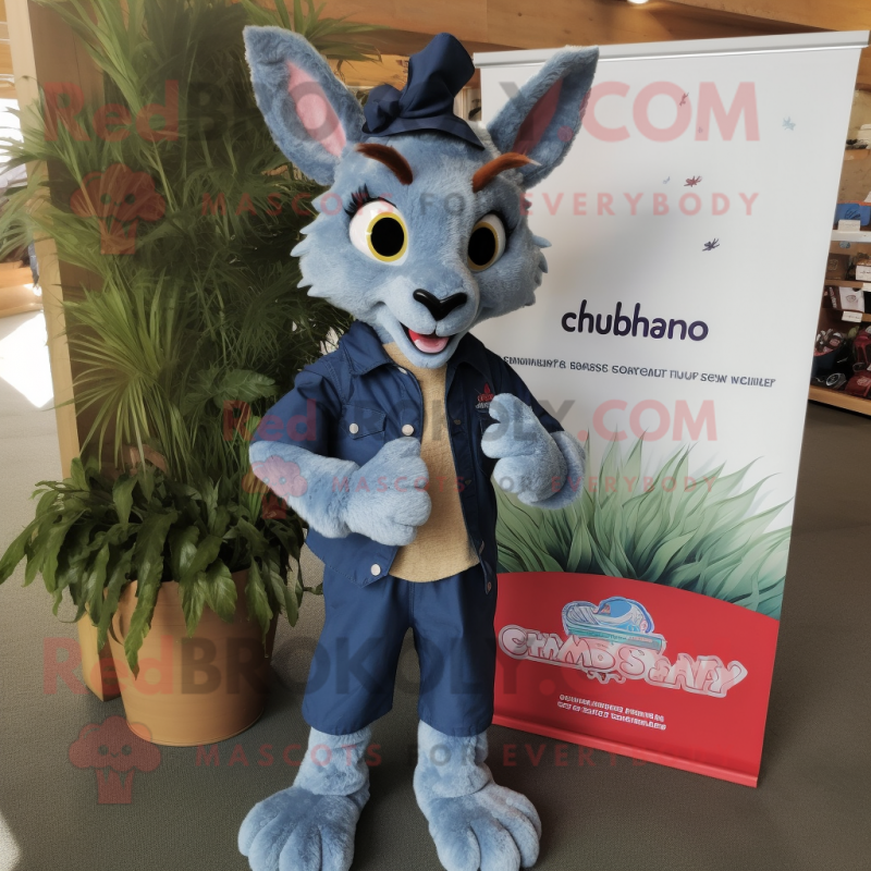 Navy Chupacabra mascot costume character dressed with a Chambray Shirt and Anklets