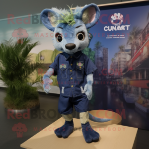 Navy Chupacabra mascot costume character dressed with a Chambray Shirt and Anklets