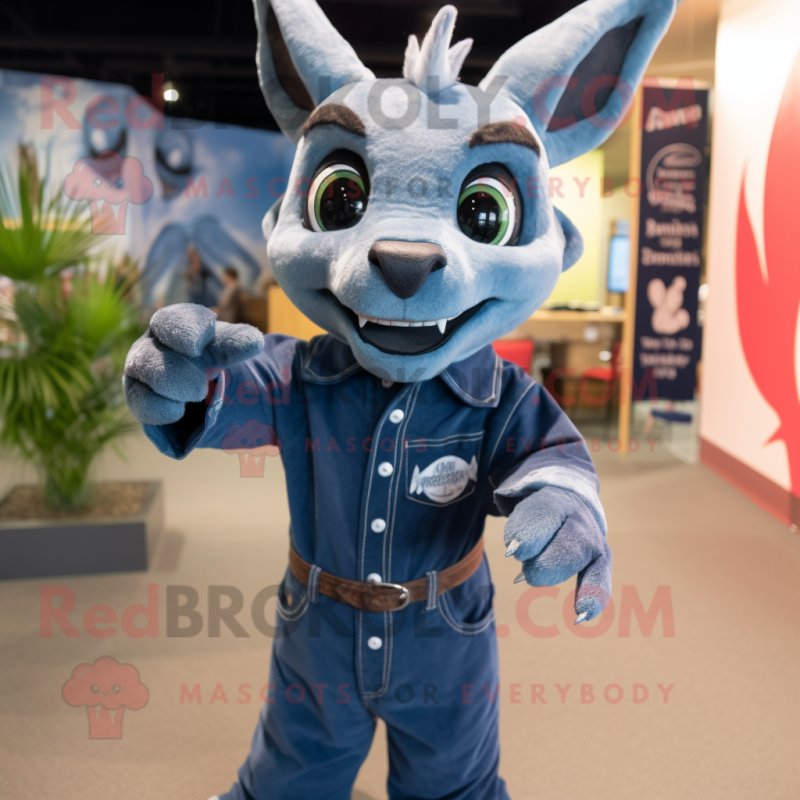Navy Chupacabra mascot costume character dressed with a Chambray Shirt and Anklets Navy Chupacabra mascot costume character dressed with a Chambray Shirt and Anklets