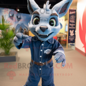 Navy Chupacabra mascot costume character dressed with a Chambray Shirt and Anklets