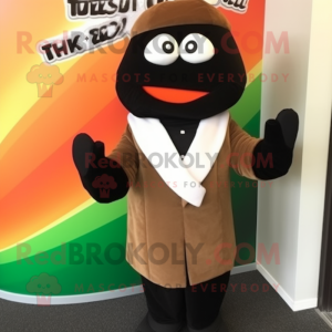 Brown Sushi mascot costume character dressed with a Tuxedo and Gloves