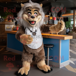 Beige Werewolf mascot costume character dressed with a Cocktail Dress and Berets