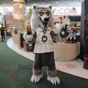 Beige Werewolf mascot costume character dressed with a Cocktail Dress and Berets