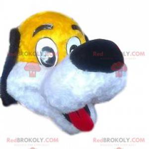 Funny yellow dog mascot with its big black muzzle -