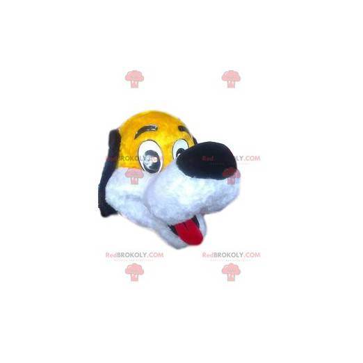 Morsom gul hundemaskot med sin store sorte snute -